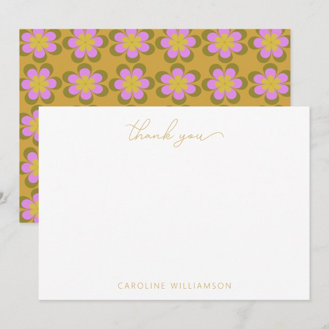 Carte De Remerciements Nom personnalisé jaune floral mode rétro mignon (Devant / Derrière)