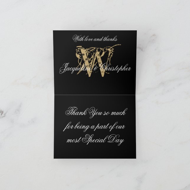 Carte De Remerciements Noms de monogramme élégants Mariage plié or noir (Intérieur)