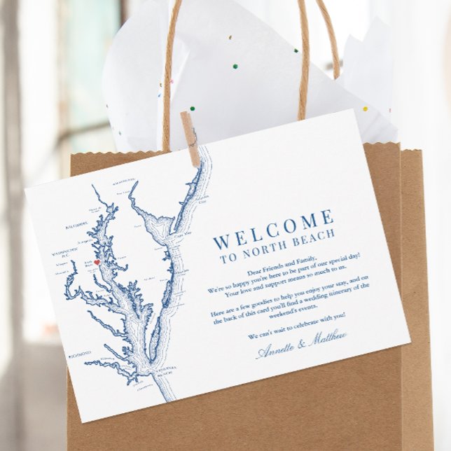 Carte De Remerciements North Beach MD Mariage Bienvenue et itinéraire (Welcome To North Beach Maryland Wedding Itinerary and Weekend Events Letter in elegant navy blue)
