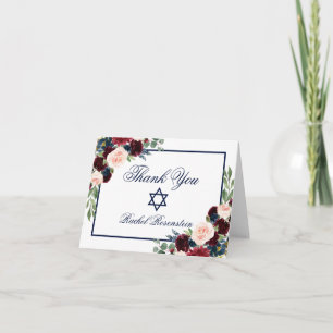 Carte De Remerciements Note Bleue bat mitzvah Floral Bourgogne