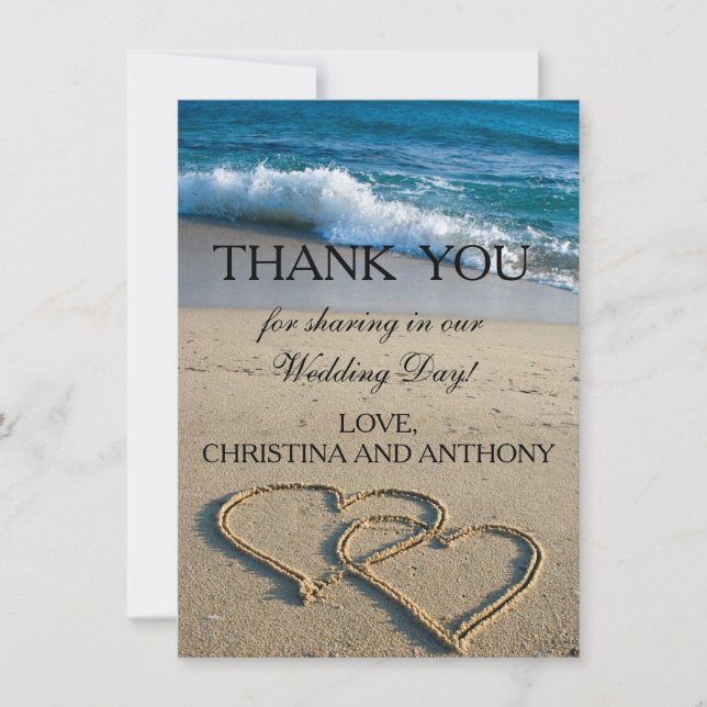 Carte De Remerciements Note de remerciement de mariage sur la plage Heart (Devant)