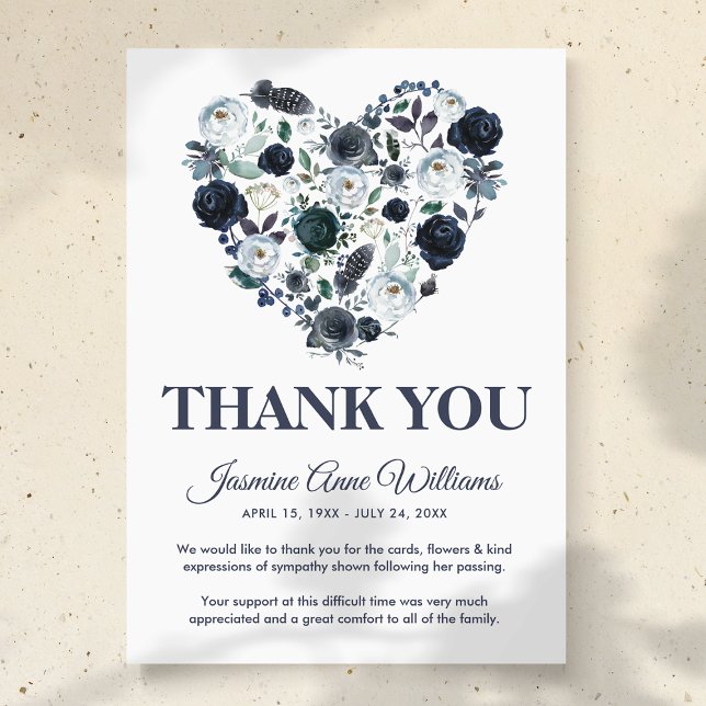 Carte De Remerciements Note de remerciement funéraire | Coeur floral bleu (Créateur téléchargé)