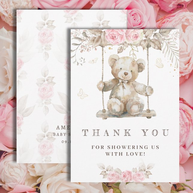 Carte De Remerciements Nounours ourson beige aquarelle fleurs roses (Créateur téléchargé)