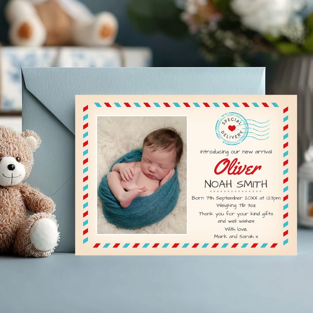Carte De Remerciements Nouveau bébé faire-part/carte de remerciements (Special delivery ✈️ Announce your baby boy’s arrival with this charming airmail-themed photo card.)