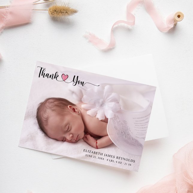 Carte De Remerciements Nouveau-né personnalisé moderne photo Coeur rose S (Créateur téléchargé)