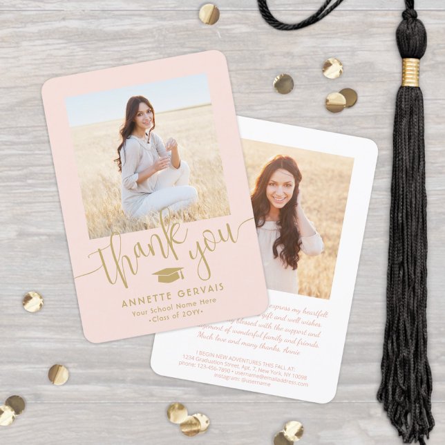 Carte De Remerciements Nouvelle adresse & Graduation Photo Blush Pink & G (Créateur téléchargé)