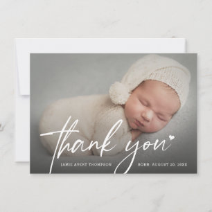 Carte De Remerciements Nouvelle photo de bébé écriture moderne cœur Naiss