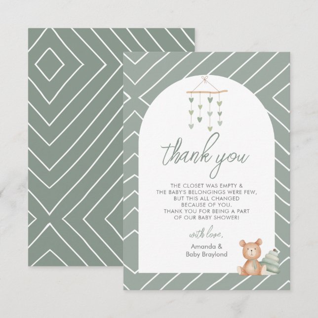 Carte De Remerciements Nurserie de bébé bohème vert sauge (Devant / Derrière)