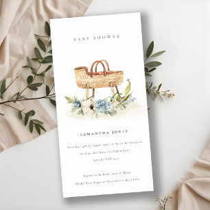 Carte De Remerciements Nursery Blue Floral Bassinet Baby shower Invitatio