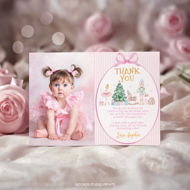 Carte De Remerciements Nutcracker Pink Bow Christmas Birthday Photo (Créateur téléchargé)