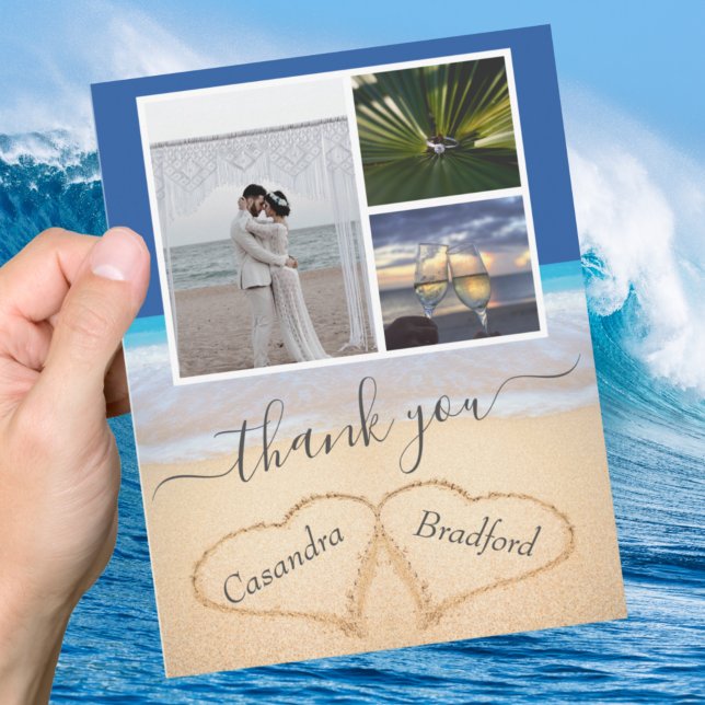 Carte De Remerciements Ocean Blue Tropical Beach Hearts in Sand Mariage (Créateur téléchargé)