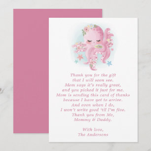 Carte de remerciements octopus rose Baby shower d'