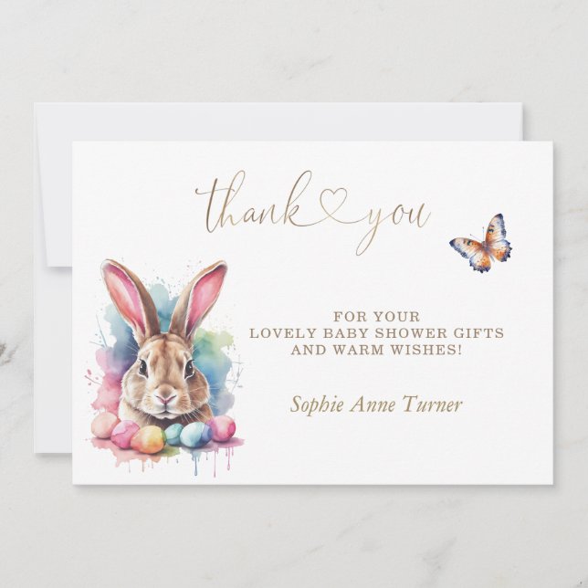 Carte De Remerciements Oeufs de lapin papillon Calligraphie Baby shower (Devant)
