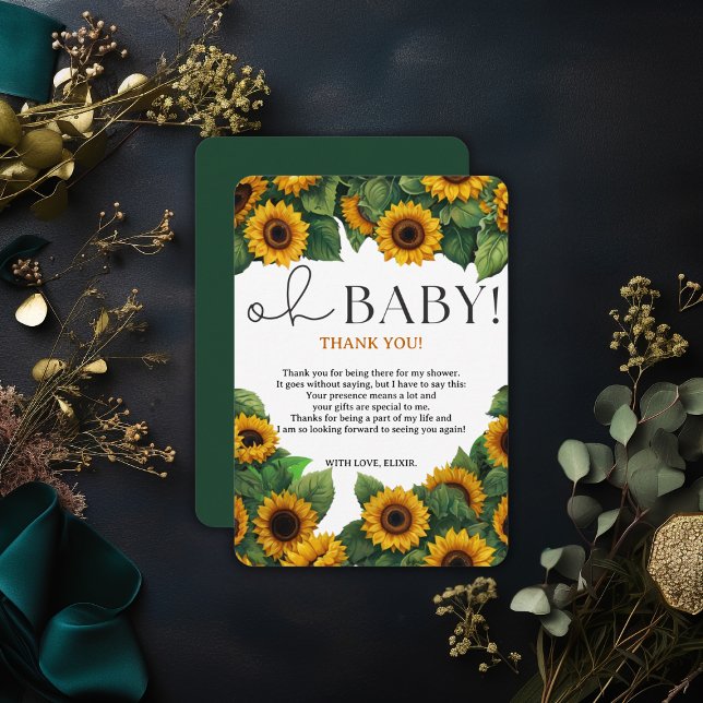 Carte De Remerciements "Oh Baby" Baby shower de tournesol moderne et élég (Créateur téléchargé)