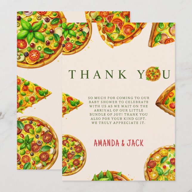 Carte De Remerciements Oh Baby Pizza Tomates Olivia Baby shower vert (Devant / Derrière)