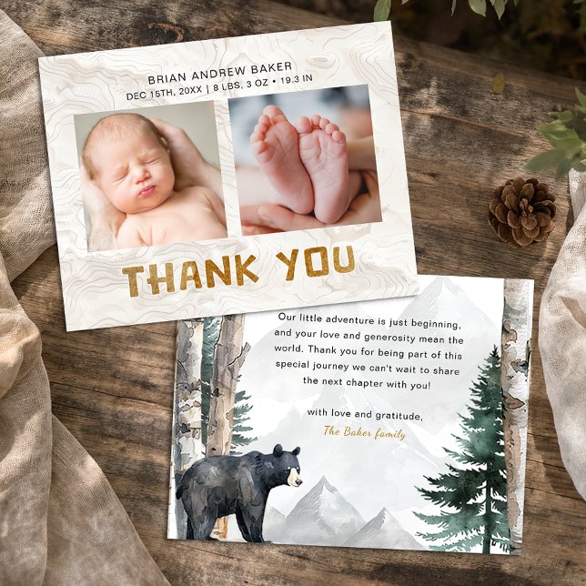 Carte De Remerciements Oh Boy Adventure Begin | Baby shower de l'ours des (Two Photo Thank You Card)