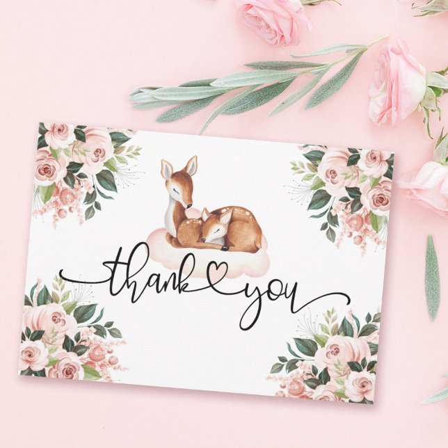Carte De Remerciements Oh Deer Baby shower Aquarelle rose Floral (Créateur téléchargé)