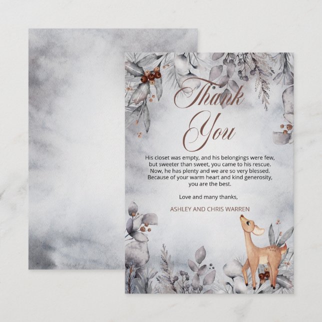 Carte De Remerciements Oh Deer Rustic Winter Floral Baby shower (Devant / Derrière)