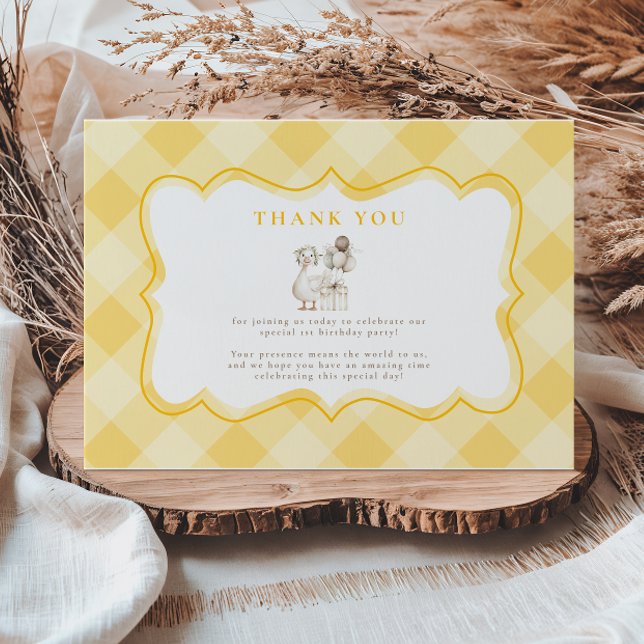 Carte De Remerciements Oie Ridicule 1er Anniversaire Gingham Jaune (Créateur téléchargé)