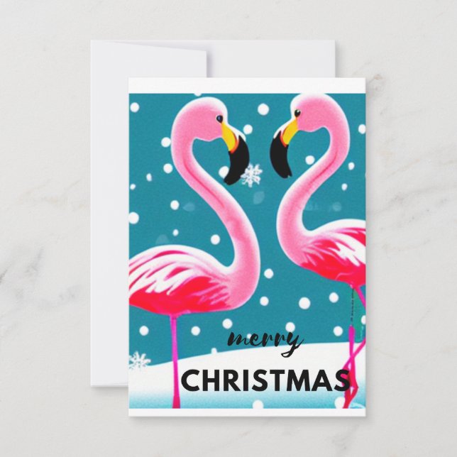 Carte De Remerciements Oiseau de Flamant rose aux flocons de neige, Noël (Devant)
