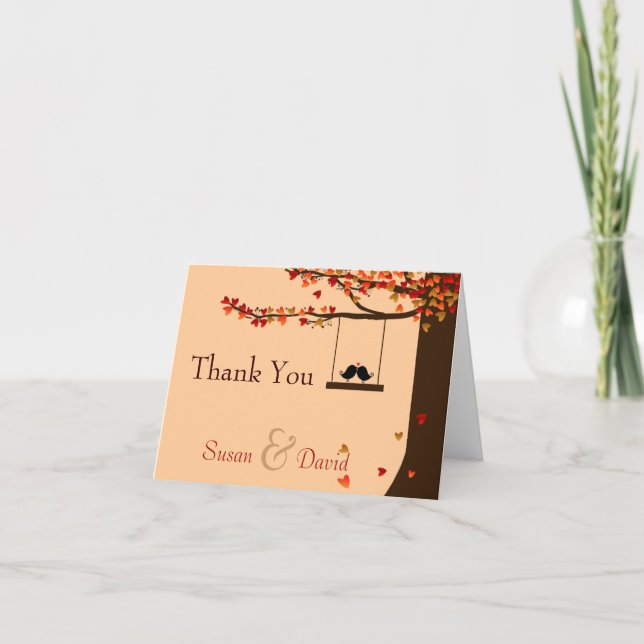 Carte De Remerciements Oiseaux amoureux tombant coeurs note de remercieme (Devant)