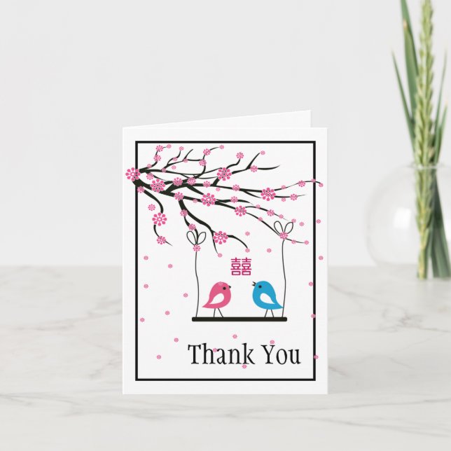 Carte De Remerciements Oiseaux de l'amour Sakura Double Bonheur Mariage (Devant)