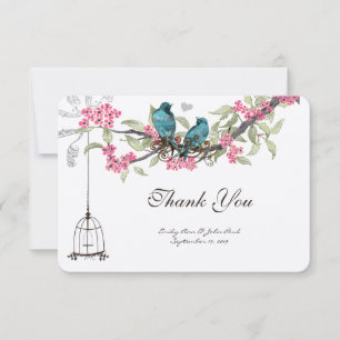 Carte De Remerciements Oiseaux de Turquiose Fleurs de cerises roses