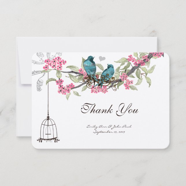 Carte De Remerciements Oiseaux de Turquiose Fleurs de cerises roses (Devant)