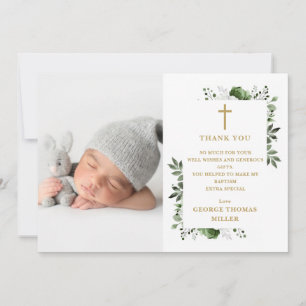 Carte De Remerciements Olive Green Floral Photo Baptême Christening