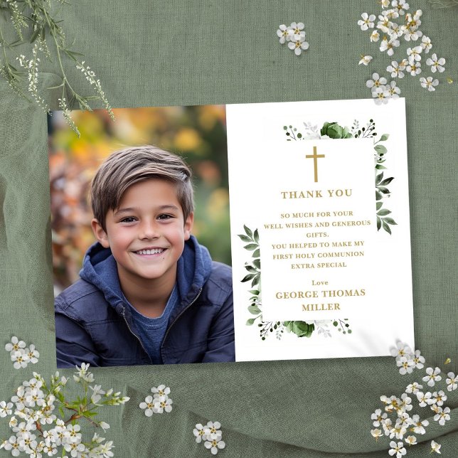 Carte De Remerciements Olive Green Floral Photo Première communion sainte (Olive Green Floral Photo First Holy Communion Thank You Card)