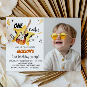 Carte De Remerciements One Rocks Guitare 1er Anniversaire Photo Invitatio