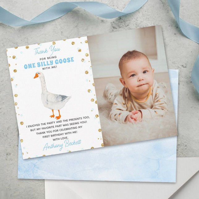 Carte De Remerciements One Silly Goose Boys 1st Birthday Photo (Créateur téléchargé)