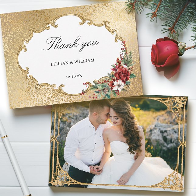 Carte De Remerciements Opulence dorée Noël Mariage floral (Créateur téléchargé)