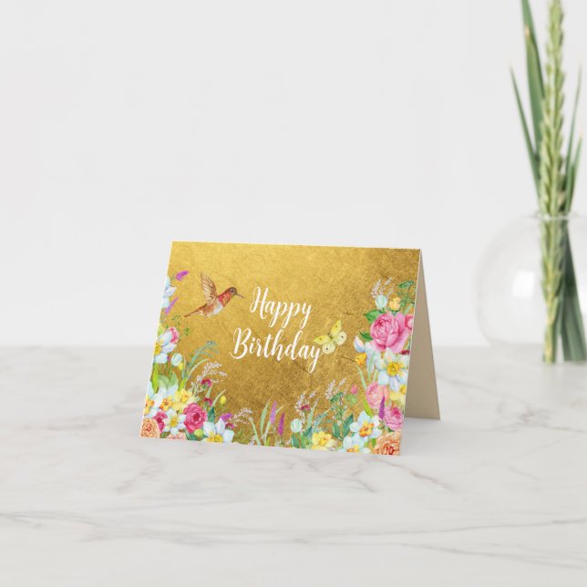 Carte De Remerciements Opulence Gold Floral Hummingbird (Devant)