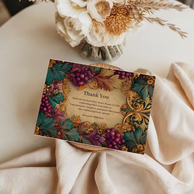 Carte De Remerciements Opulent Grape Leaf Mardi Gras Masquerade (Créateur téléchargé)