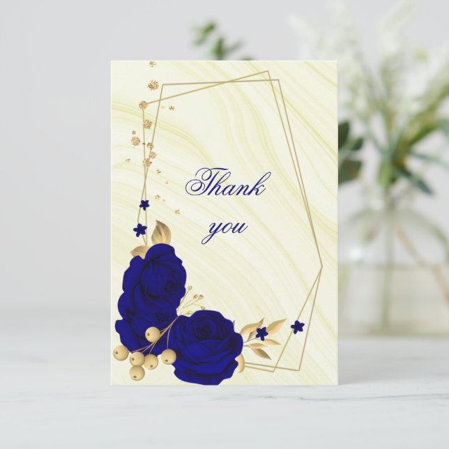 Carte De Remerciements or bleu royal floral géométrique (Debout devant)