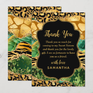 Carte De Remerciements Or et vert Safari Agate Sweet sixteen