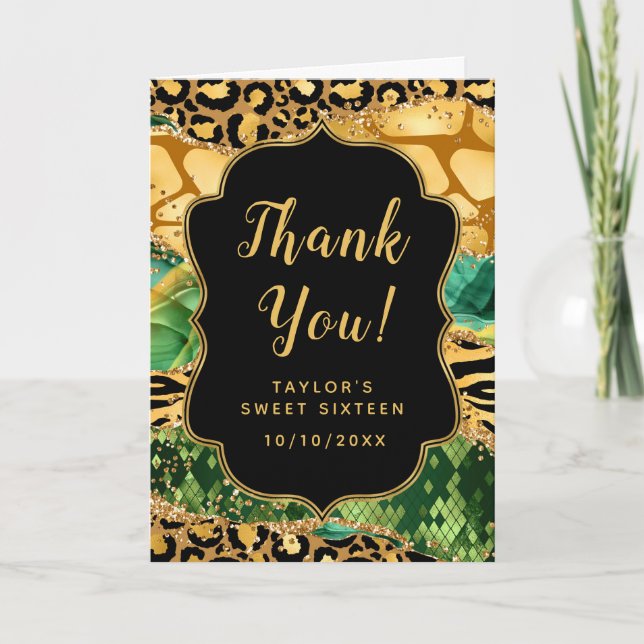 Carte De Remerciements Or et vert Safari Agate Sweet sixteen (Devant)