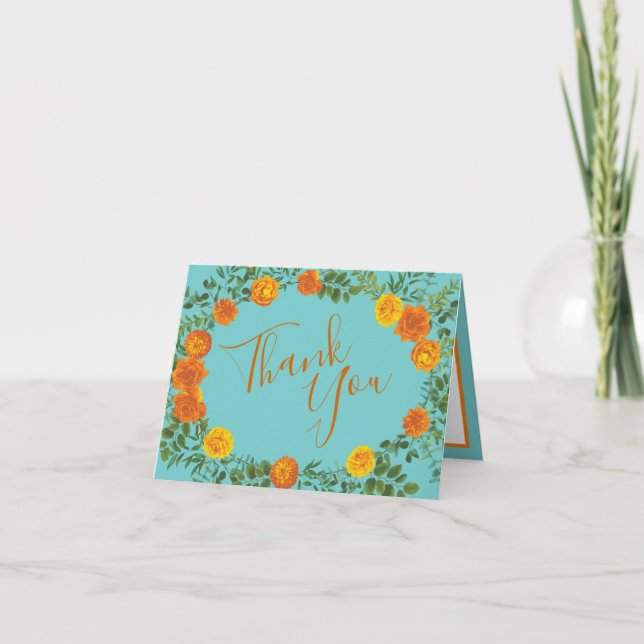 Carte De Remerciements Orange & Aqua Mariage Floral moderne (Devant)