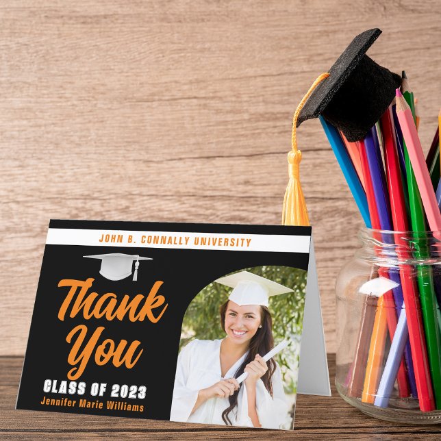 Carte De Remerciements Orange Black Graduate Photo Arch Graduation Plié (Créateur téléchargé)