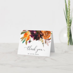 Carte De Remerciements Orange Bourgogne Brûlé Chute Florale Rustique Mari