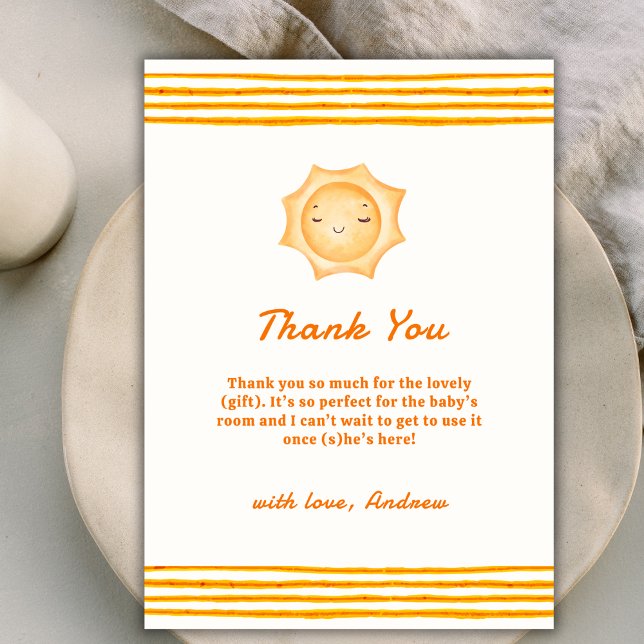 Carte De Remerciements Orange Cute Voici Le Baby shower Fils (Orange Cute Here Comes The Son Baby Shower Thank You Card)