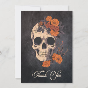 Carte De Remerciements Orange Fleurs Crâne Élégant Mariage traditionnel
