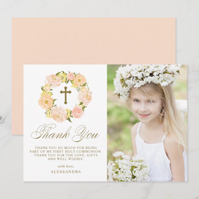 Carte De Remerciements Orange Peony Wreath Gold First Holy Communion (Devant / Derrière)