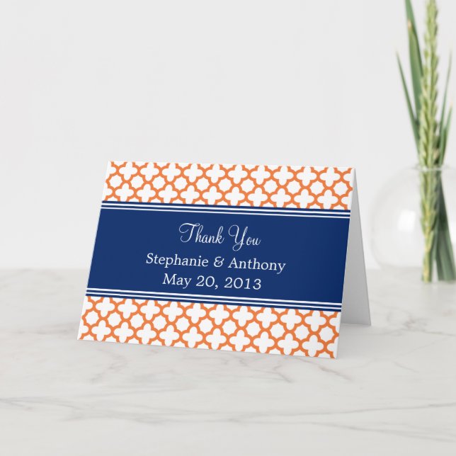 Carte De Remerciements Orange, Royal Blue Quatrefoil  Remerciement de Mar (Devant)