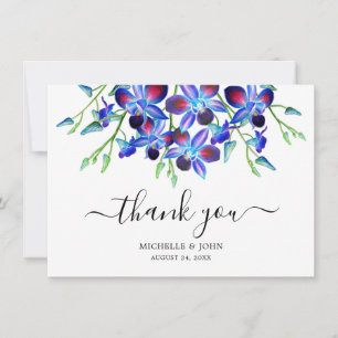 Carte De Remerciements Orchidées Florales Bleues Modernes Aquarelle Nom M