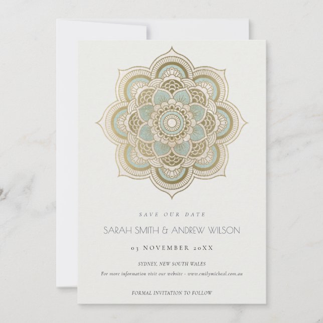 Carte De Remerciements Ornate Gold Turquoise Mandala Enregistrer la date  (Devant)