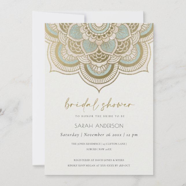 Carte De Remerciements Ornate Gold Turquoise Mandala Fête des mariées Inv (Devant)