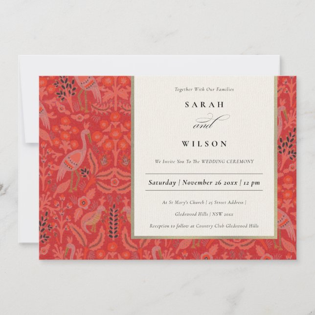 Carte De Remerciements Ornate Red Classy Floral Peacock Wedding Invitatio (Devant)