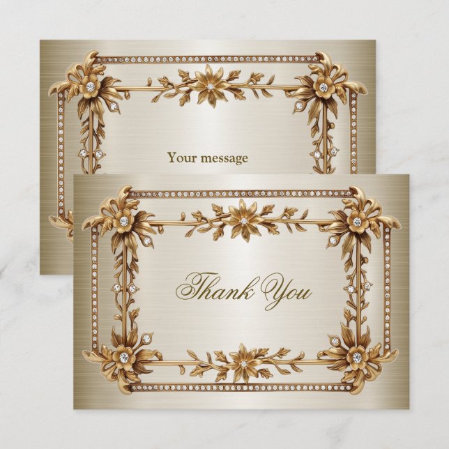 Carte De Remerciements Orné Or de la Partie Rectangle Fleurs Dimond brill (Devant / Derrière)